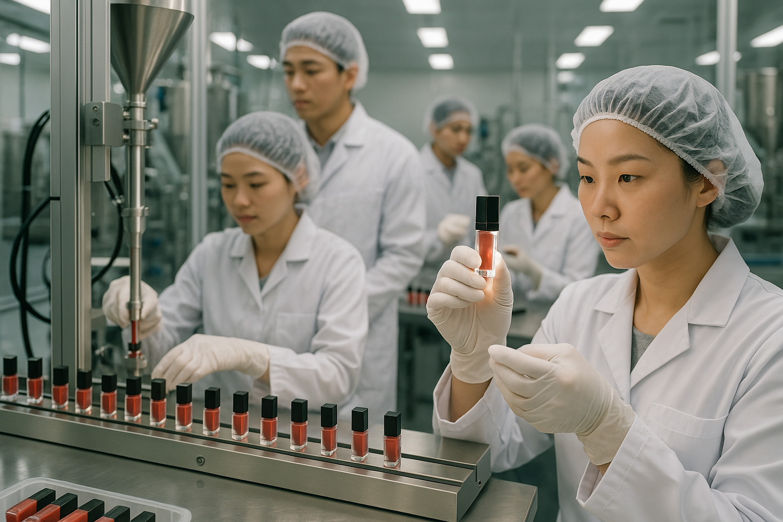 Asiatische Mitarbeiter bei der Produktion von quadratischen, kleinen Lipgloss-Behältern
